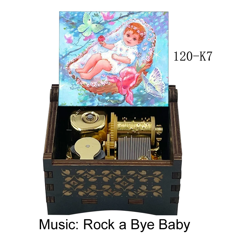 Пользовательские фотографии Rock a bye baby музыкальный Золотой механизм музыкальная шкатулка заводная деревянная подарочная коробка