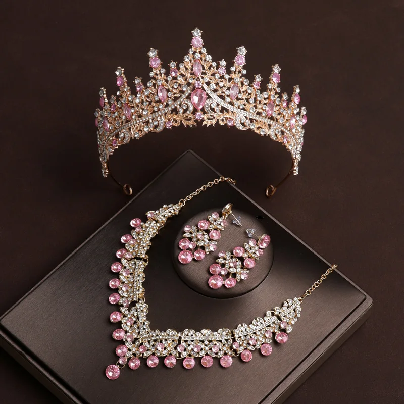 Wedding bride Tiara Main Wedding dress Birthday hair accessories Pink diamond retro luxury necklace earrings three piece set
