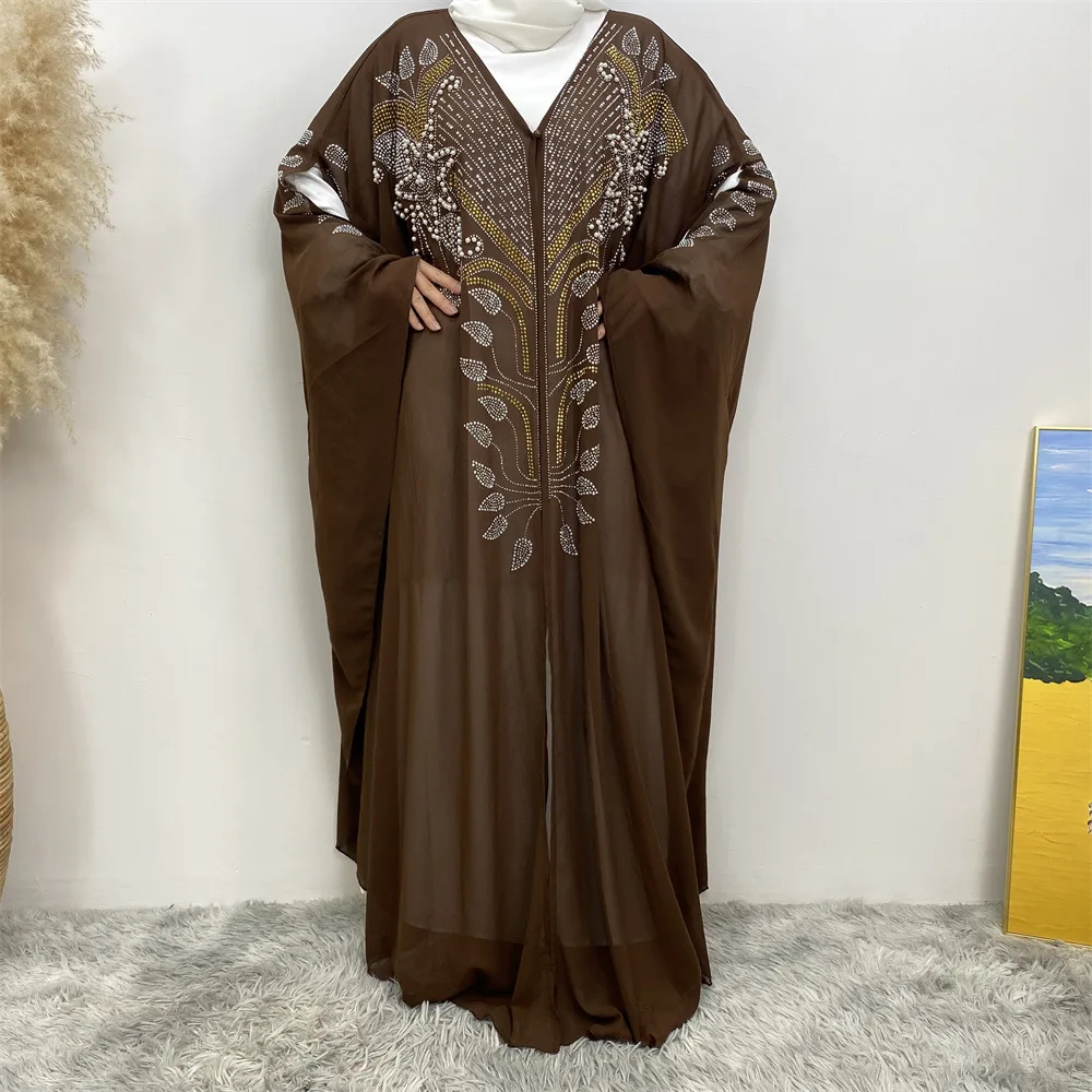 New Style Islamic Clothing Dubai Eid Modest Kimono Kaftan For Muslim Women Dress Bead Rhinestone Batwing Chiffon Open Abaya