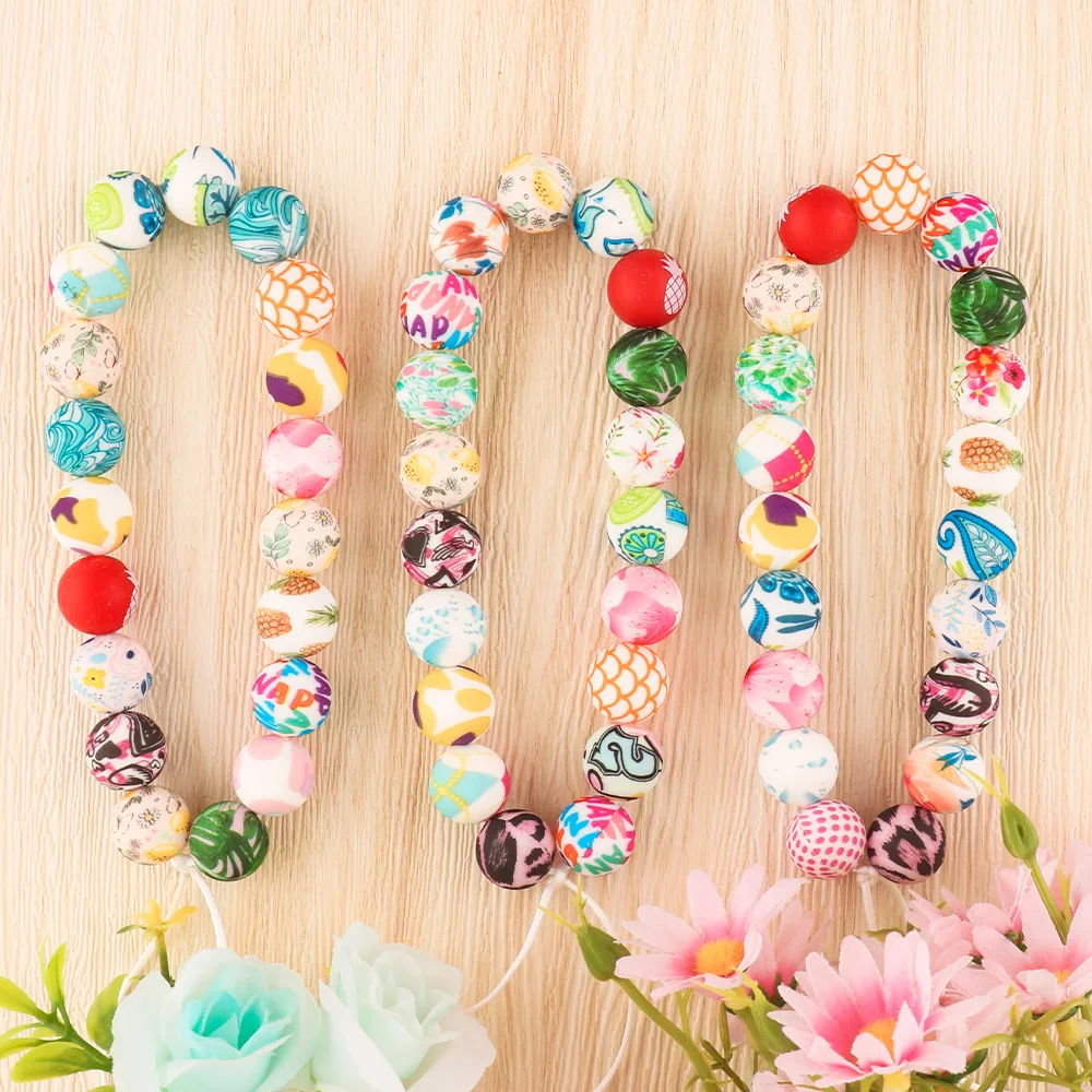 Kovict new arrivals 15mm Silicone Print Bead  BPA Free Baby Teething Round Ball Pearl DIY Accessories printing bead
