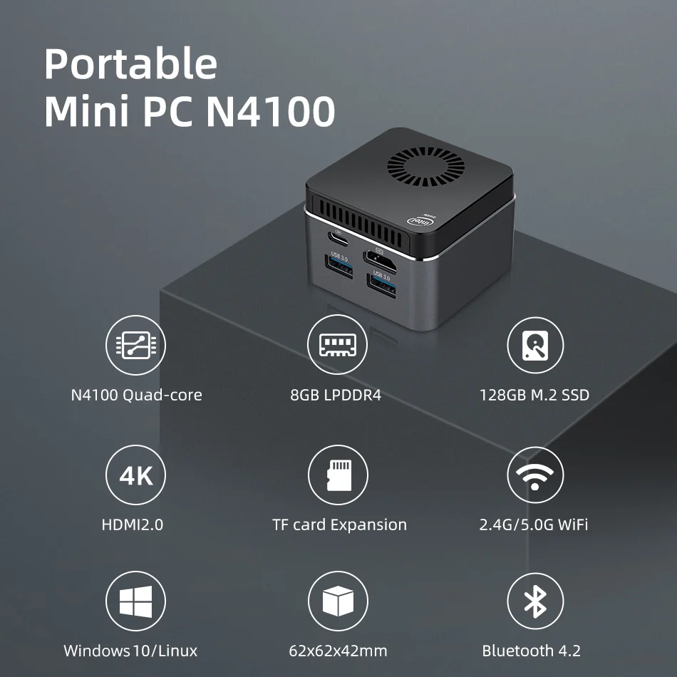 Quad-Core Mini PC Intel Celeron N4100 8GB LPDDR4 128GB M.2 SSD 2.4G/5G Wifi 4K 60Hz USB-C