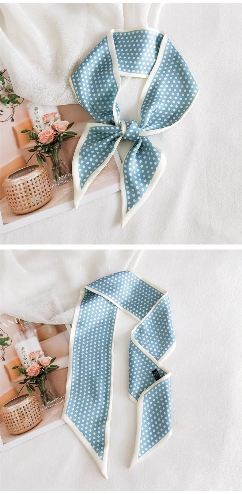 HB0436 Fashion Women Scarf Bag Long Hair Neck Tie Narrow Satin Silk Ribbon Neckerchief Skinny Scarf Decoration