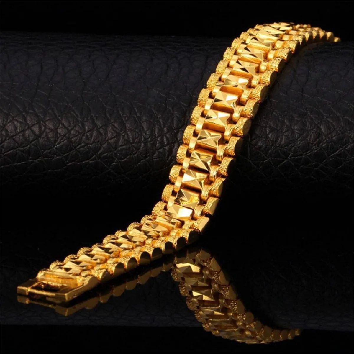Fashion Chunky Link Chain Frosted Bracelet 24K Gold Plated Cuff Bangle Wristband Bangle Jewelry For Men