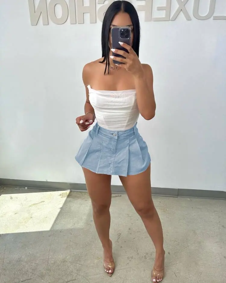 2023 Women Fashion Solid Color Patchwork Mesh Slim Fit Mini Dress Fashion Casual Sexy Pleated Jeans Stretch Pants Short Skirt