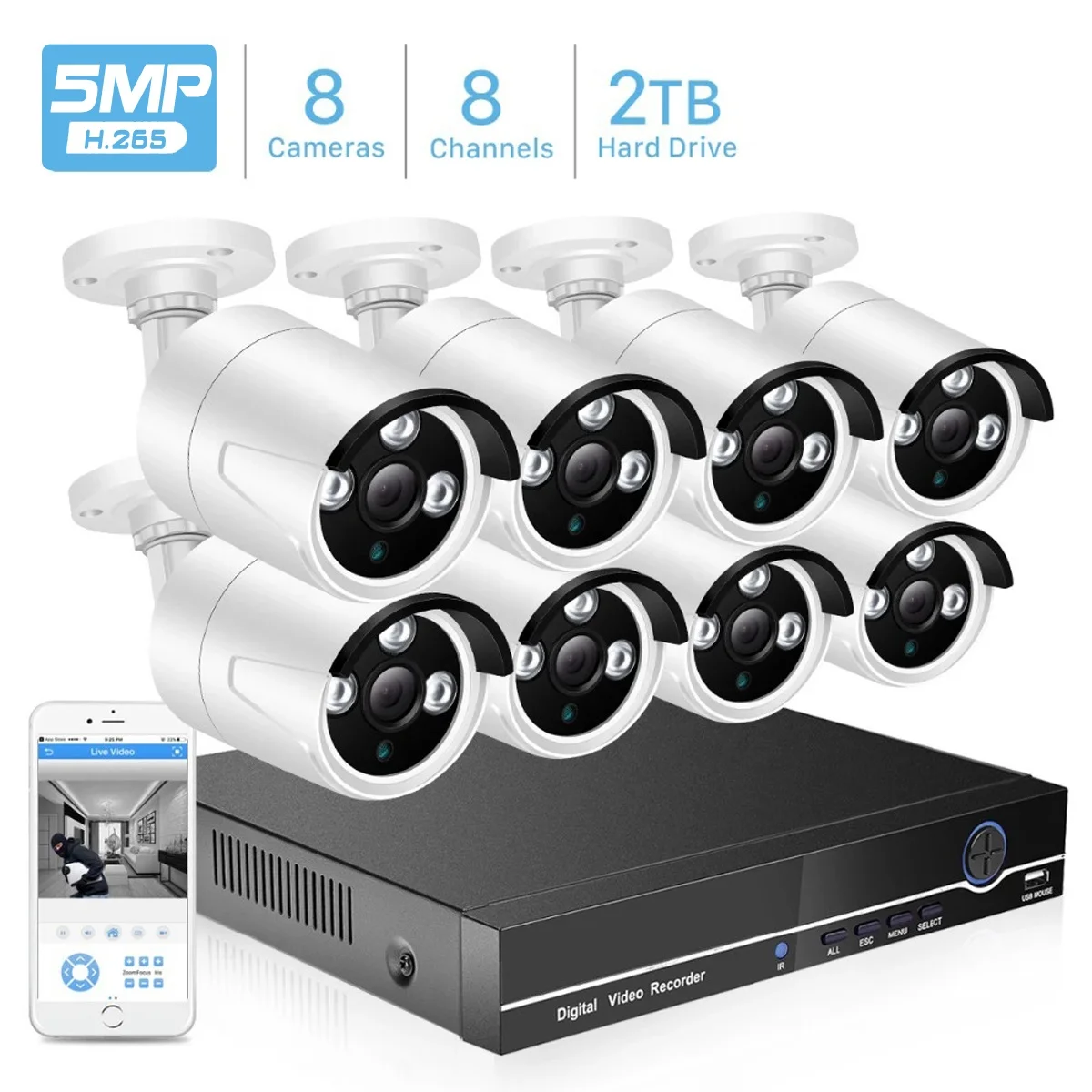 8CH 5MP Security Camera System Kit H.265 IP Camera IR Outdoor Waterproof Home CCTV Video Surveillance NVR Kit P2P