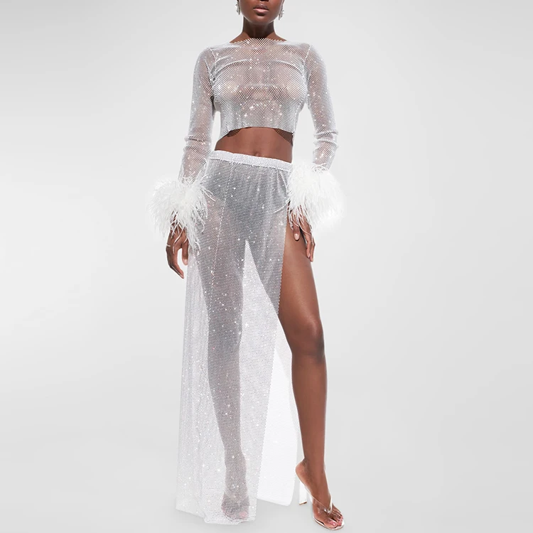 Sexy Crew neckline Long Sleeve Ostrich Turkey Feathers Rhinestone Crop Top High Low Side Slit Maxi Long Skirt