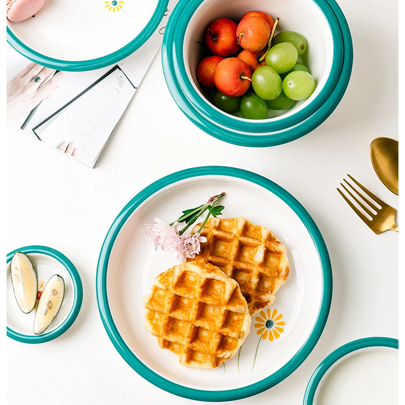 Jade-cer  ceramic Japanese Little Daisy design thick blue border soup rice salad bowls deep plates mug tablewares