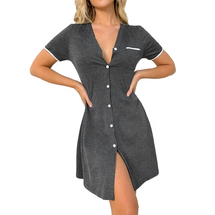 Short Sleeve Button Night Gown Sleep Shirt Contrast Binding Pocket Front Casual Skin-Friendly Night Dresses for Woman Sexy