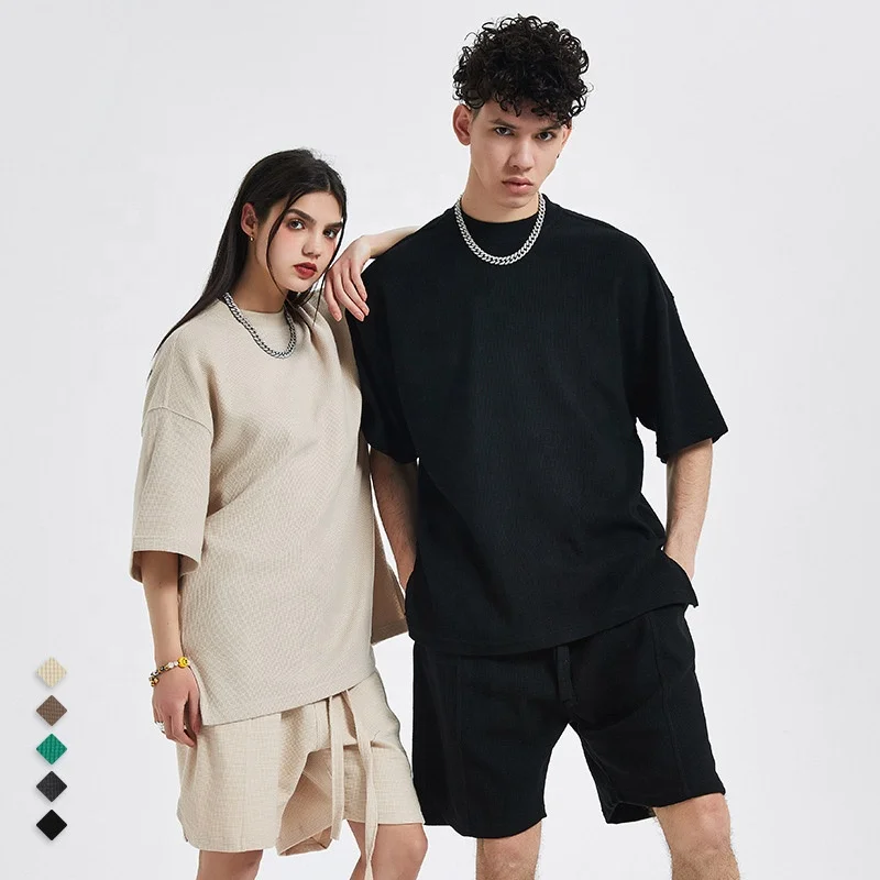 Boxy Polyester Unisex Waffle Knit Tshirt Fit Men's T Shirt Heavy Thick Collar Tee High Quality Jersey Cotton Blank 260gsm