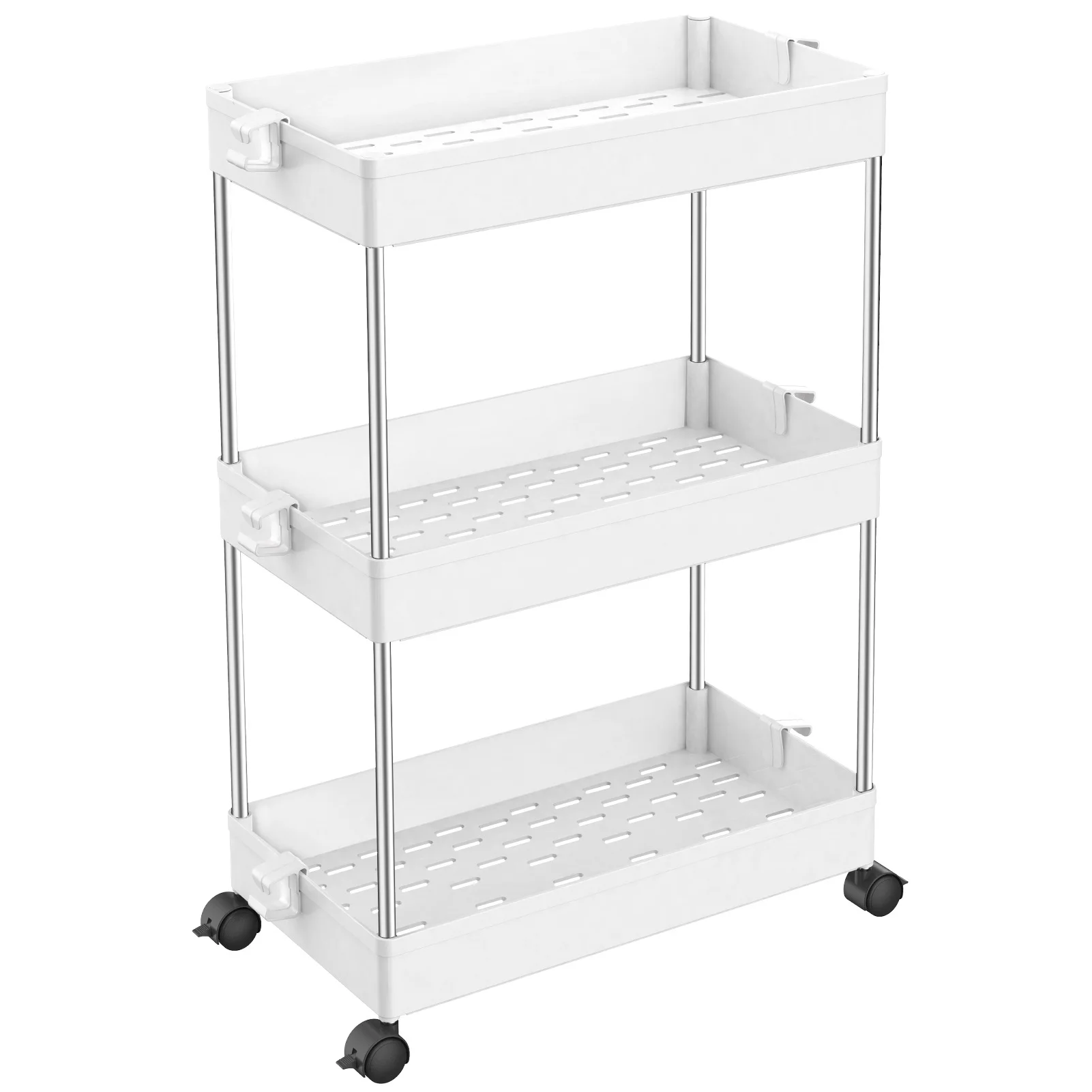 High Quality 3 Layer Trolley Multifunctional Slide Out Slim 3 Tier Storage Cart with Hooks for Kitchen Bathroom Living Room