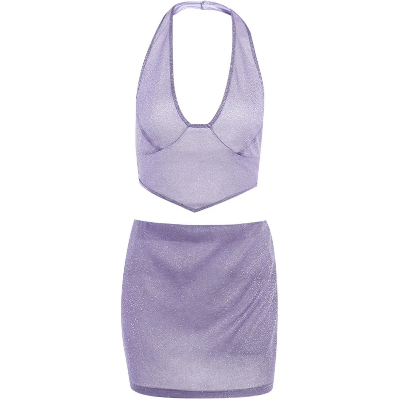 Sexy Club Shiny Suits Sleeveless Halter Crop Top Skirt Glitter Co Ord Two Piece Set Women Clothing Summer