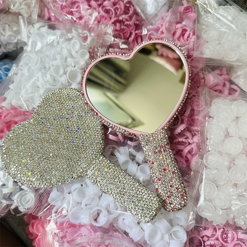 Square Makeup heart Diamond setting Mirror for Eyelash Extension Handheld with Handle Hand Mirror lash Salon Mirrors