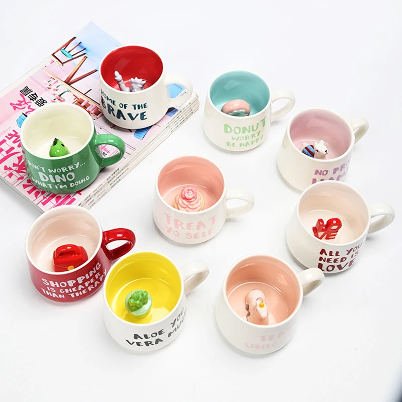 2023 New creative 3d cartoon ceramic mug Novelty Porcelain colorful design inside animal coffee mug with handle