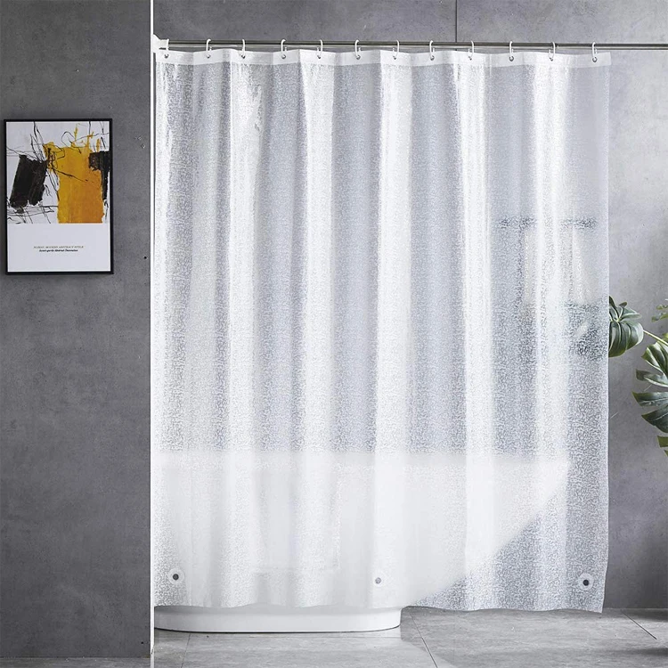 Eco-friendly no chemic smell waterproof PEVA metal grommet  header emboss printing frosted shower curtain liner