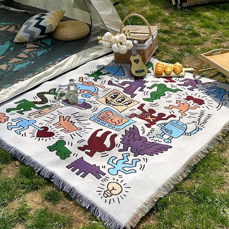 Wholesale custom throw blanket cheap cotton polyester material tapestry woven blankets with tassels