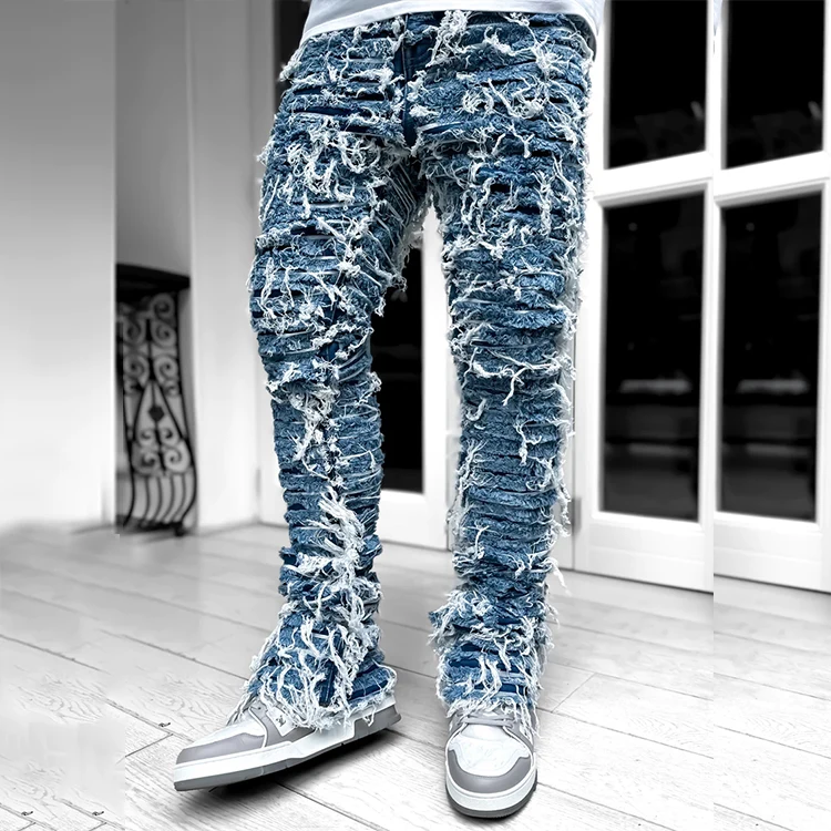 HL manufacture streetwear y2k heavyweight raw hem distressed spiderweb denim jeans custom extended flare stacked ripped men jean