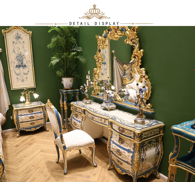 Yips LD-1508-1337B Emperor Blue Series Handpainted Gold-Leaf Pattern Bedroom Set Furniture Classical Luxury Dressing Side Chair