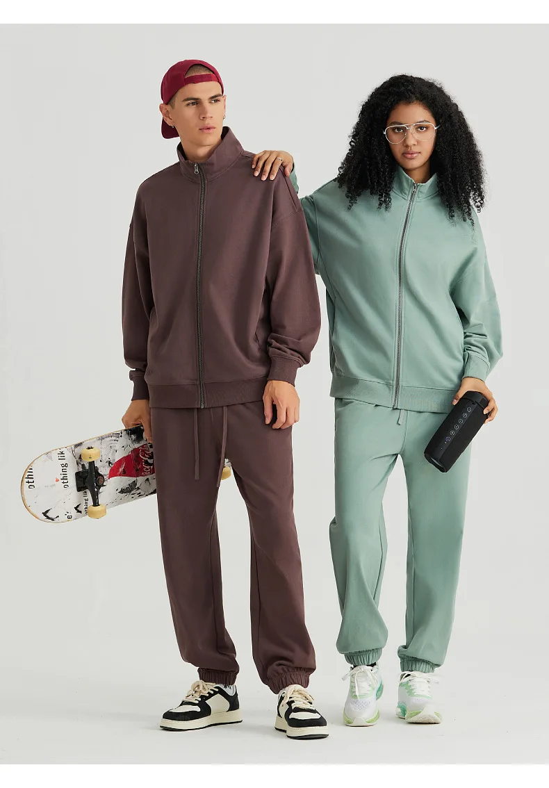 Custom Logo 100% cotton Loose Gym Stand collar Activewear Breathable cardigan Hoodie zipper Casual Sportswear Gym Fitness Set