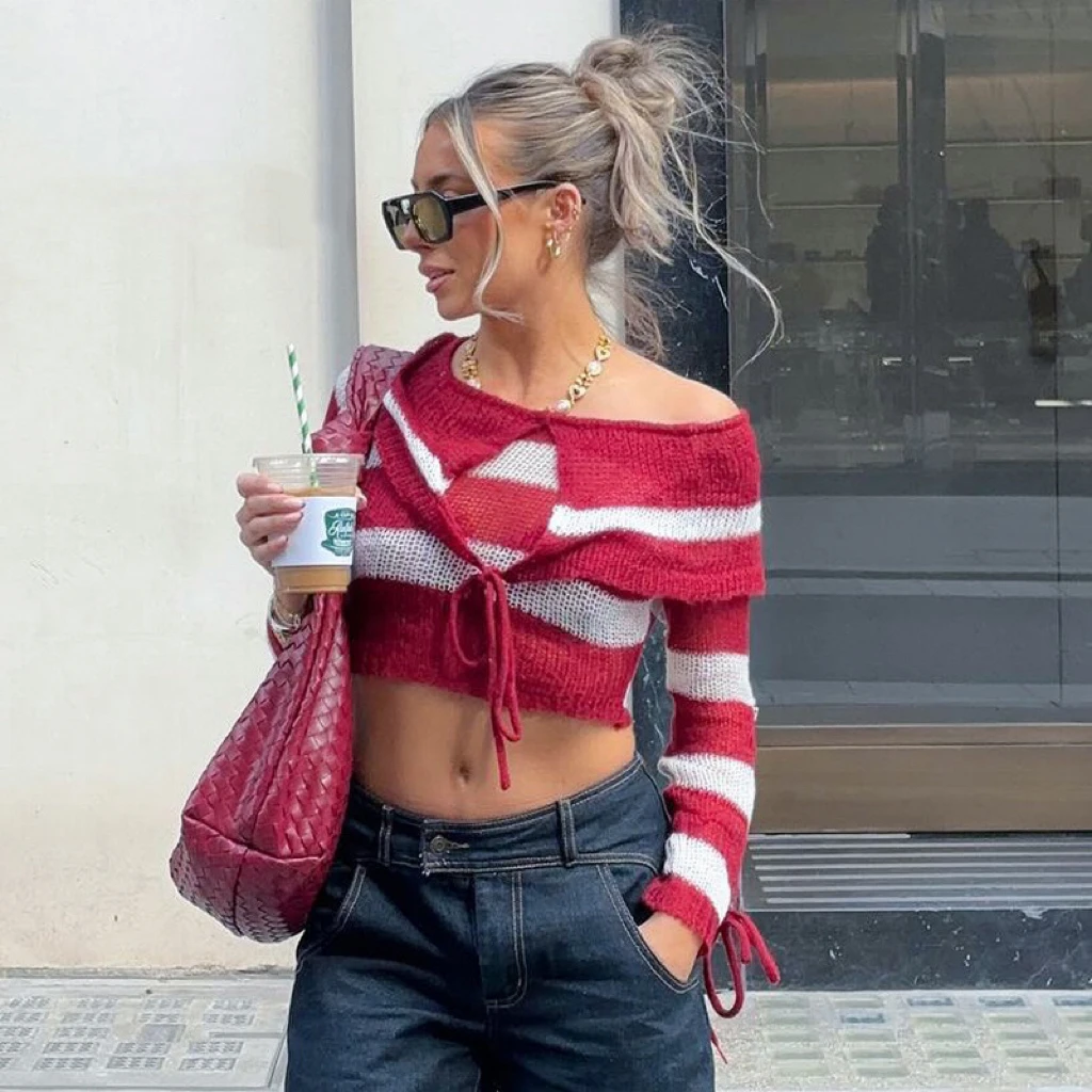 Knitted Sexy Off Shoulder Striped Women Sweater Red Long Sleeve Lace up Top Only Female Autumn New Casual Streetwear Sweater