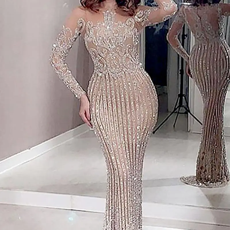 2XL Plus Size Fat Elegant, Women Evening Dresses Brides Clothing Long Sleeve Party Maxi Sequin Evening Dress