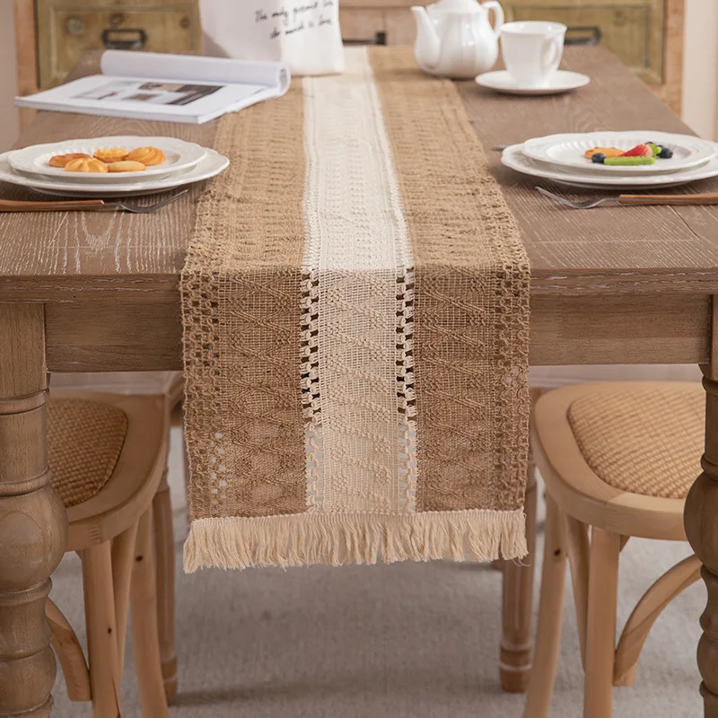 American Country Style Cotton-Linen Knitted Patchwork Table Runner Diamond Pattern Edge Cabinet Cover Cloth Bed End Weddings