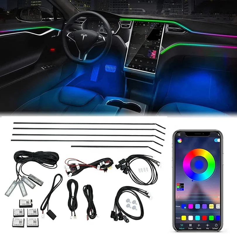 Car Interior RGB LED Acrylic Strip Lights Kit Decoration Neon Atmosphere Automotive  APP Control hidden style Ambient lamp