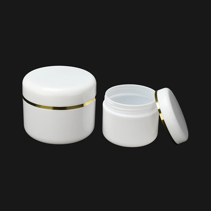 Wholesale cosmetic packaging 10g 20g 50g 100g 150g 200g fancy white face cream body cream plastic cosmetic jars with gold line