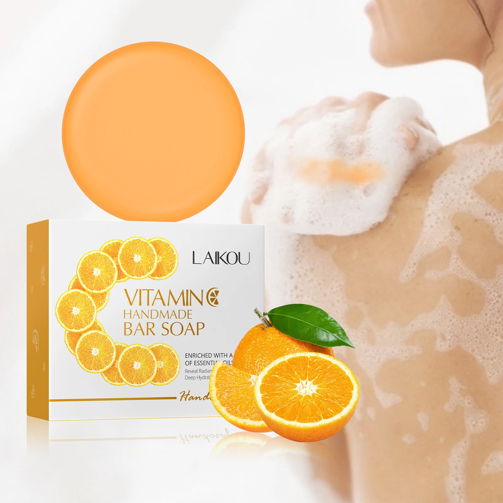 LAIKOU 90g Vitamin C Handmade Bar Soap Essential Oils Reveal Radiance Silky Smooth Skin Soap With Foaming Net