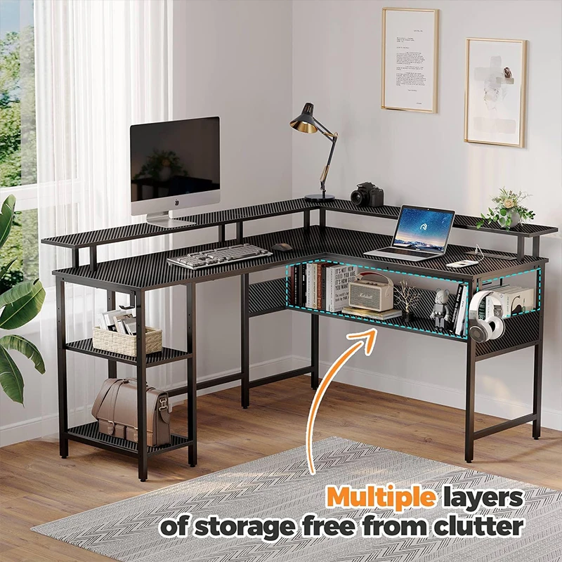 Carbon Fiber Surface Office Desk with Storage Computer Desk 59' with LED Lights and Power Outlets PC Gamer Gaming Table Desk