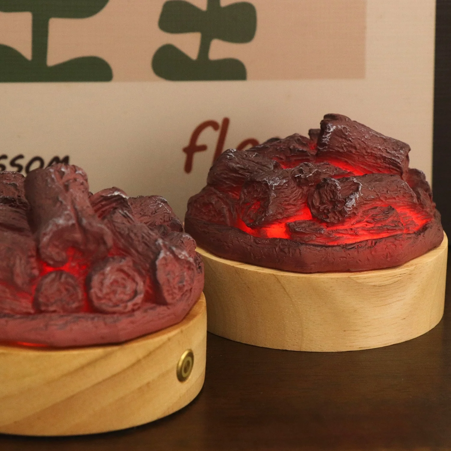 USB Decorative Lighting Rock Flame Lamp Battery Rechargeable Table Lamps Home Decor Luxury Resin Night Lights With Led Wood Base