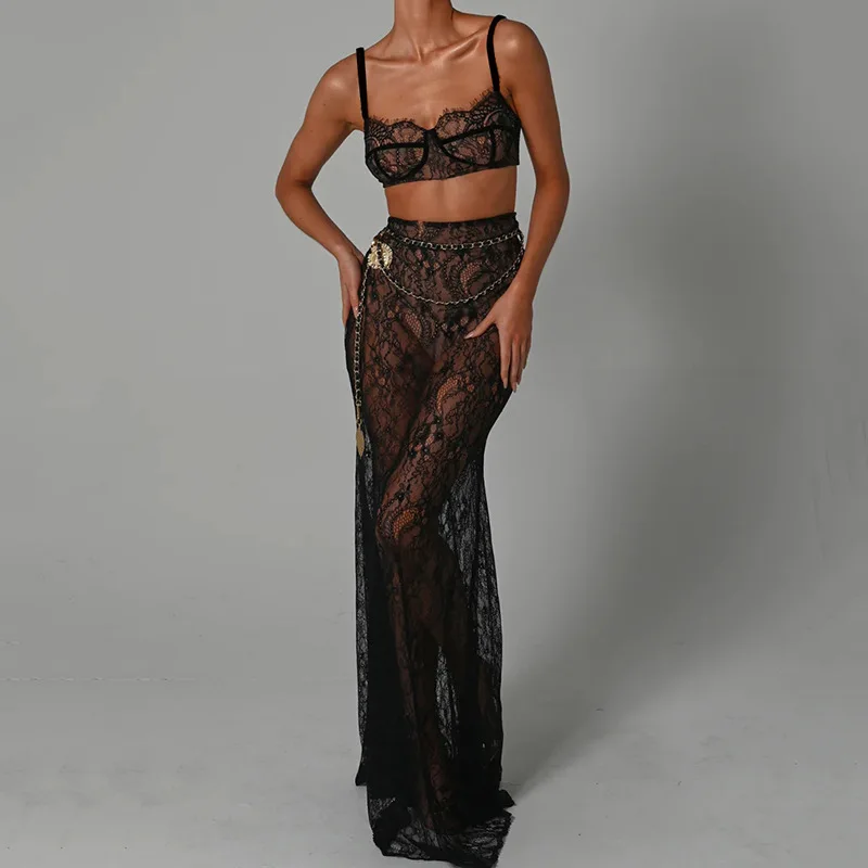 Sleeveless Long Skirt Suit Women Backless Sling Top Lace Up Maxi Skirts 2024 New Summer Female 2 Piece Set Outfits Lace 2964