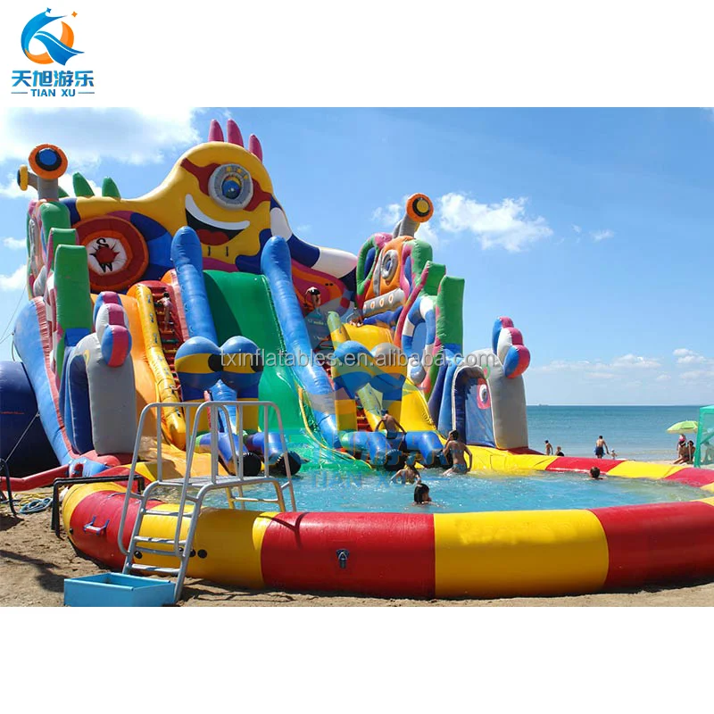 Outdoor Adult Funny Mobile Land Inflatable Water Park Game Giant Ground Water Park Inflatable Water Slide With Big Swimming Pool