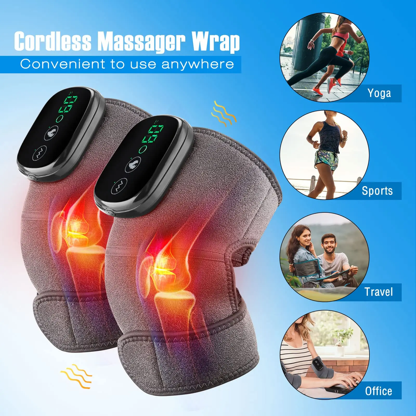 Kopus TECHNOLOGY Cordless Knee Massager 3-In-1 Heated Knee Elbow Shoulder Brace Wrap Vibration Knee Heating Pad