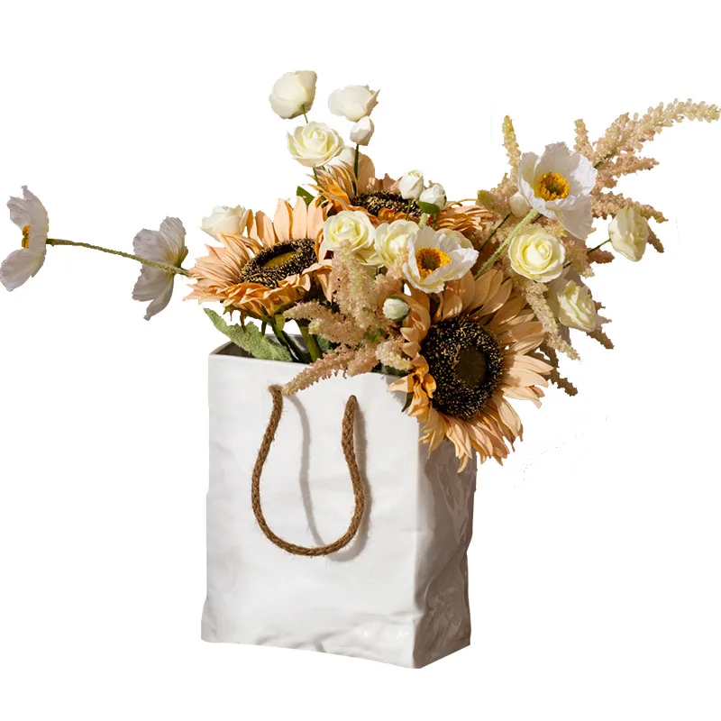 
Creative square white ceramic hemp rope handbag vase 