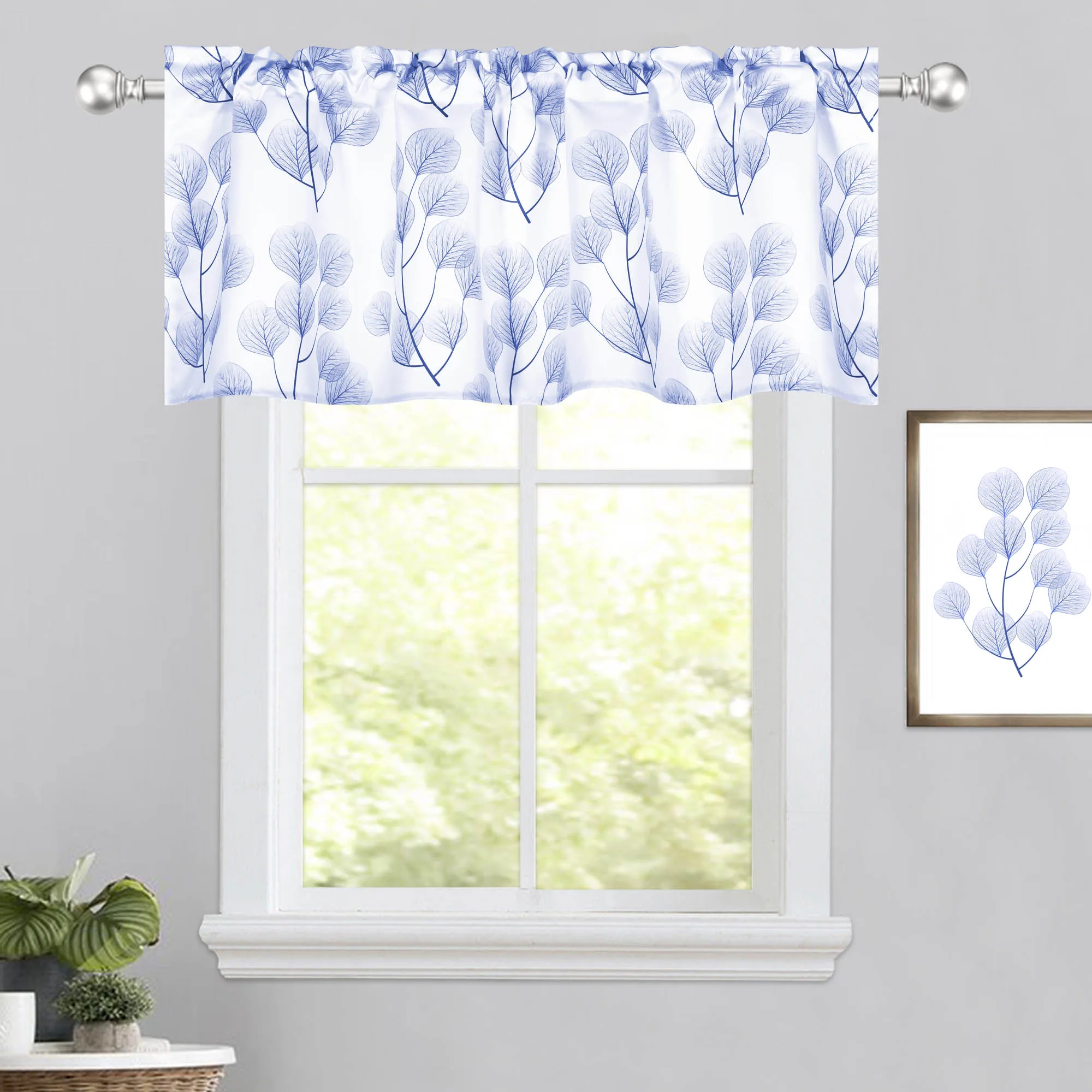 Blue Tree Branch Leaves Printed Valance 1 Piece/Pack 100% Polyester 52 x 18 Inch Rod Pocket