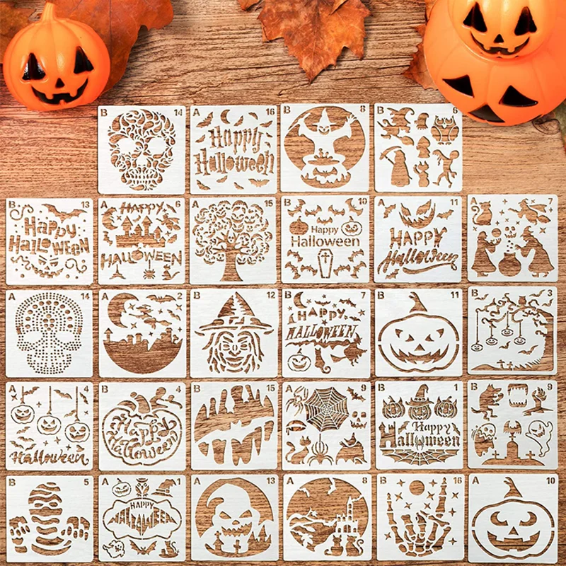 32 Pcs Halloween Painting Stencils Reusable Halloween Template Pumpkin Witch Skeleton Skull Vampire