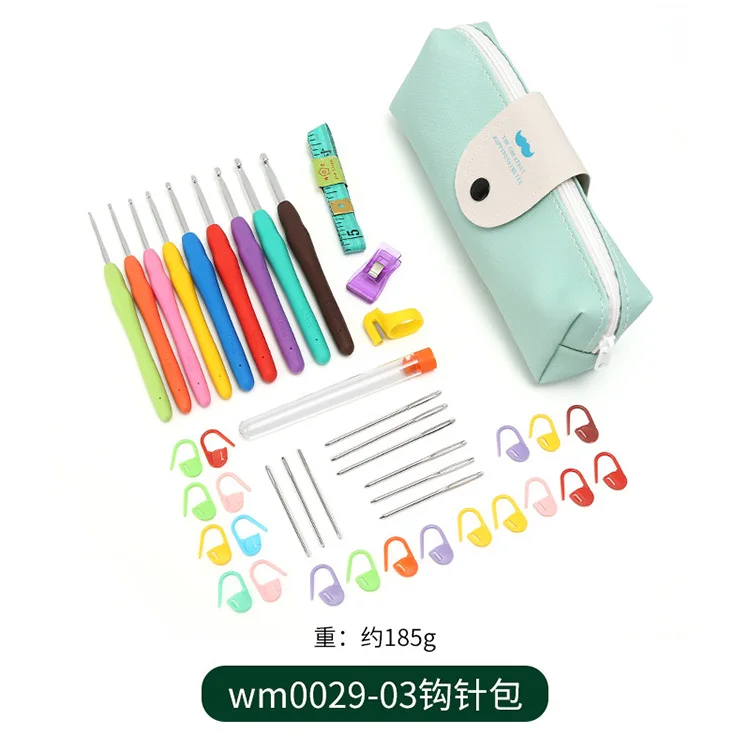 Colorful Rubber Handle Knitting Needles Kit With Sewing Clips Plastic Needles stainless steel Scissors Crochet Hooks Set