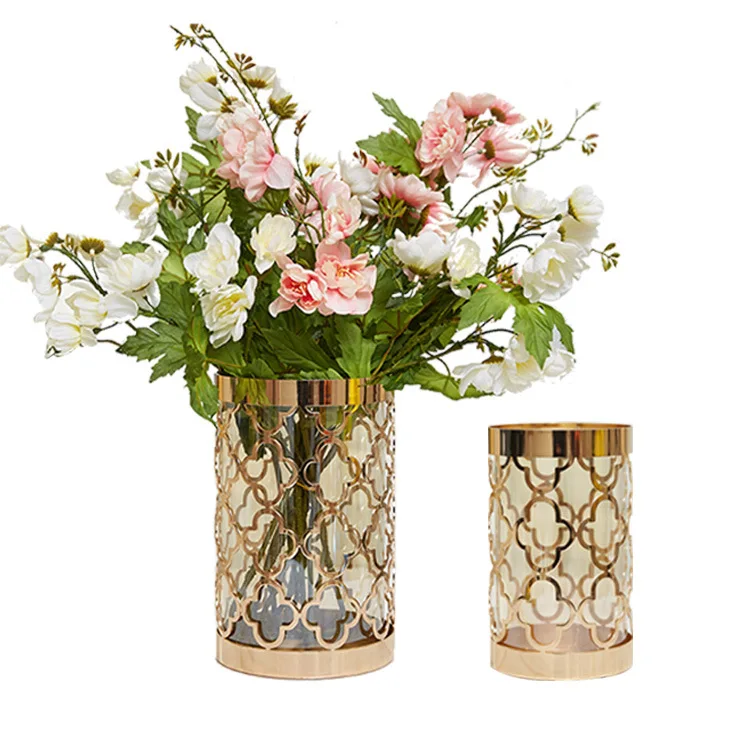 Ins wholesale indoor home decorative Gold hollowed-out vases design metal flower glass flower vase desktop decor