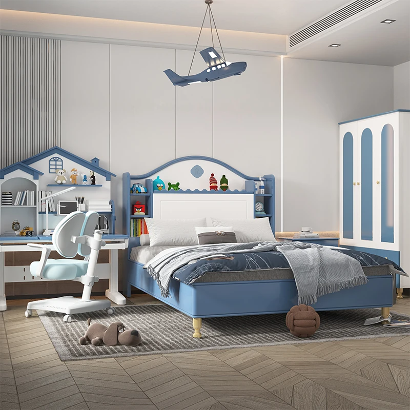 solid wooden  boys plank bed with bookstack blue