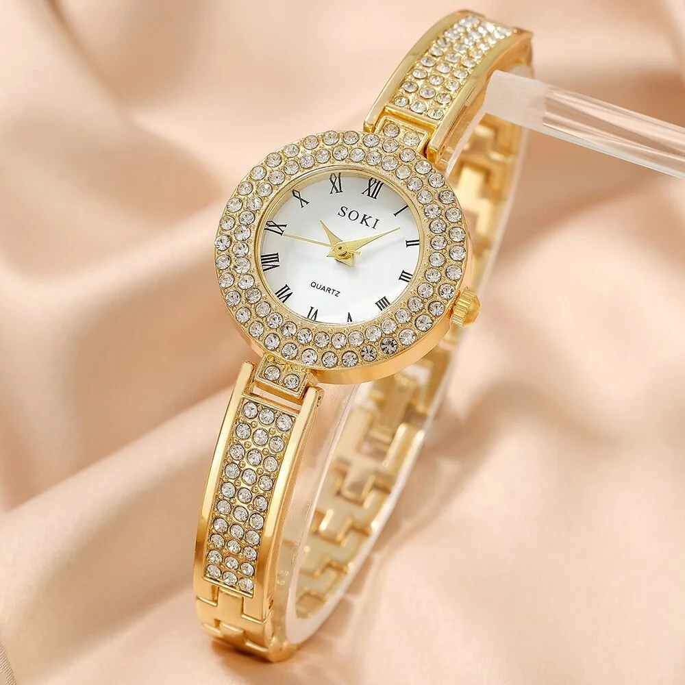 NW1406  5pcs Ladies Watch Jewelry Set Fashion Round Women Watch Rhinestone Necklace Earrings Ring Set
