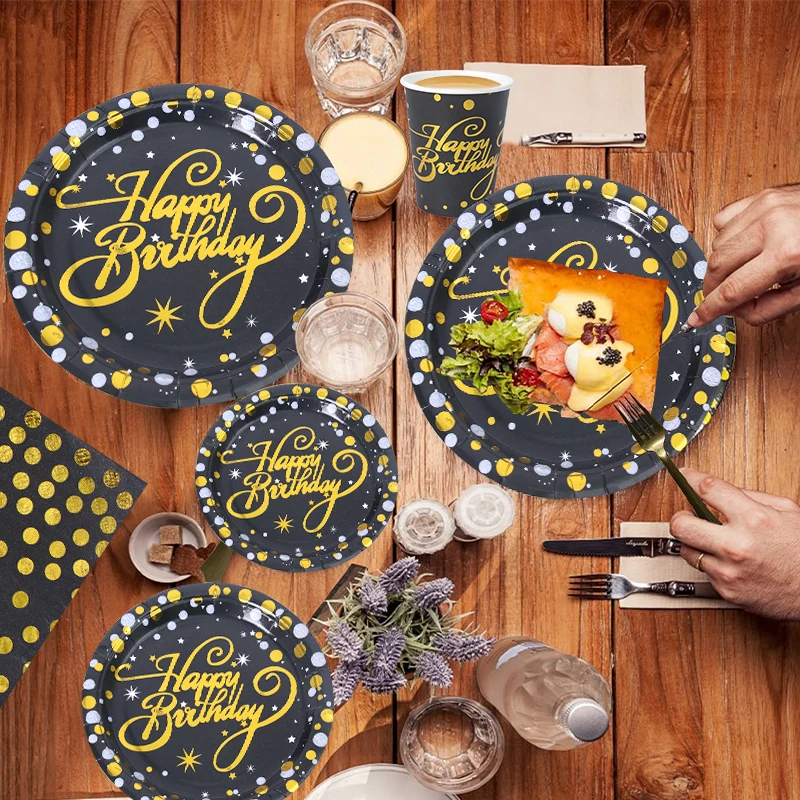 NEW Disposable Serves 24 Tableware Set Gold Black Happy Birthday Party Paper Plates Napkin Cup Set Party Plate Set For Birthday