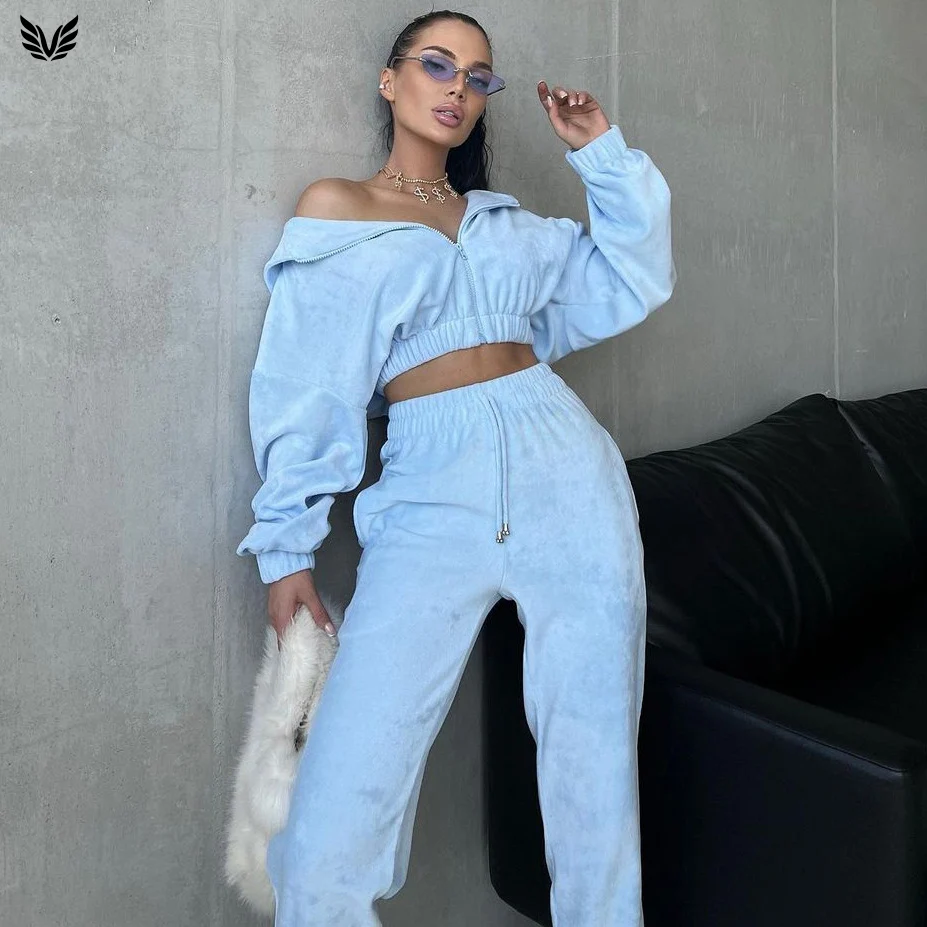 JINDEYUAN New Solid Color Sports Suits Drawstring Hoodie Velour High Waisted Pants Two Piece Sets Women Tracksuit