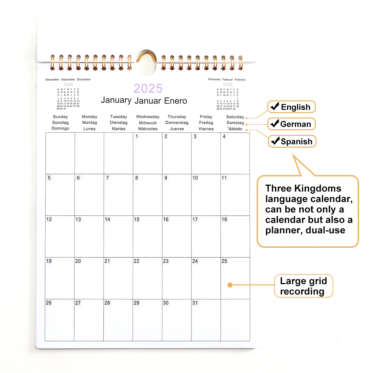 Free design available lunar new year calendar 2025 for desk & wall in English Spanish German