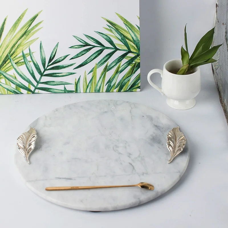 Wholesale Marble Cheese Board Marble Tray and Plate with Gold Leaves Handle