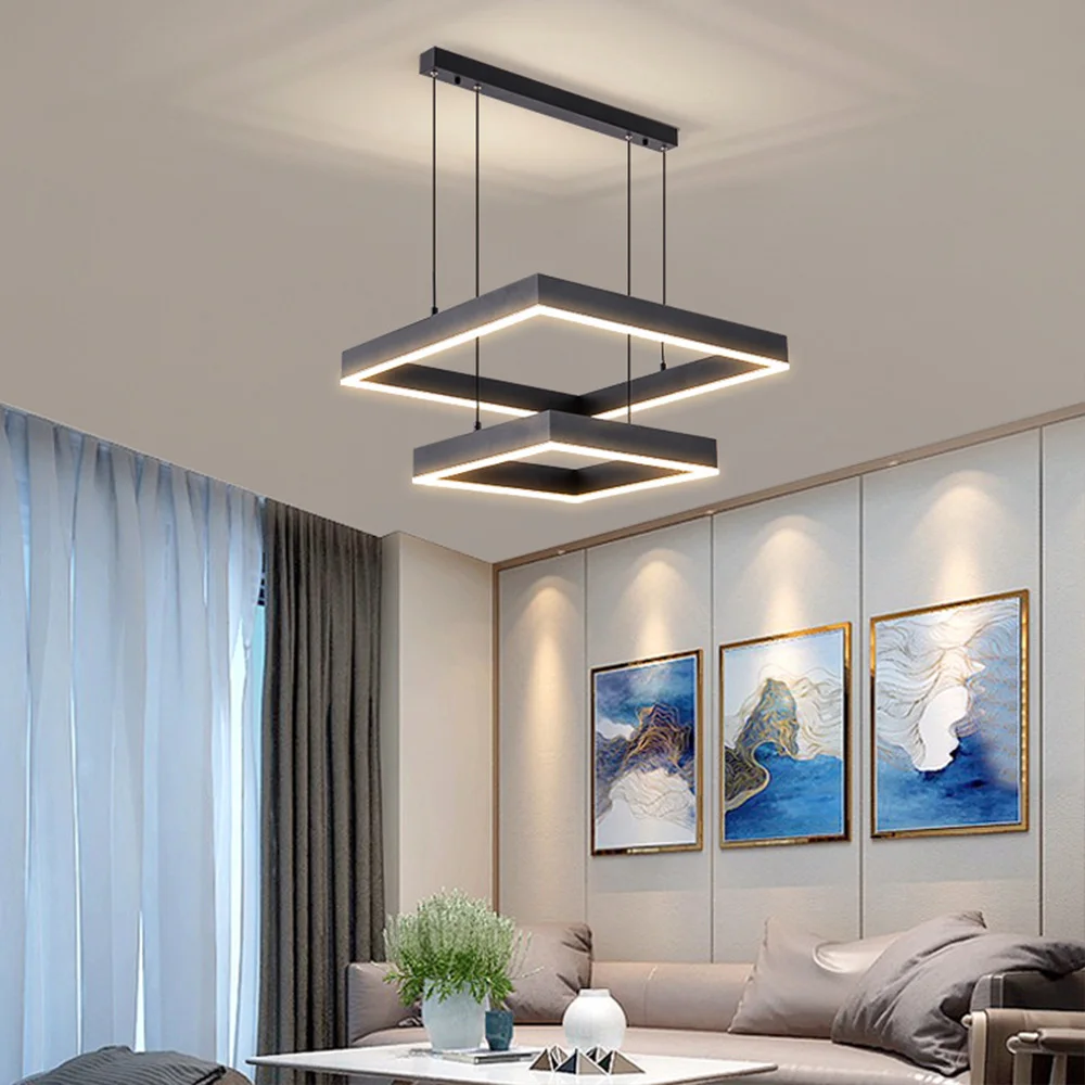 Simple design art line pendant lamp villa living room modern black led chandelier square metal line chandelier