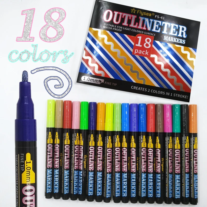 Hot Selling 18 Pcs Pack Drawing Double Line Outline Pen Outline Highlighter Marker Pen Metallic Color Marker