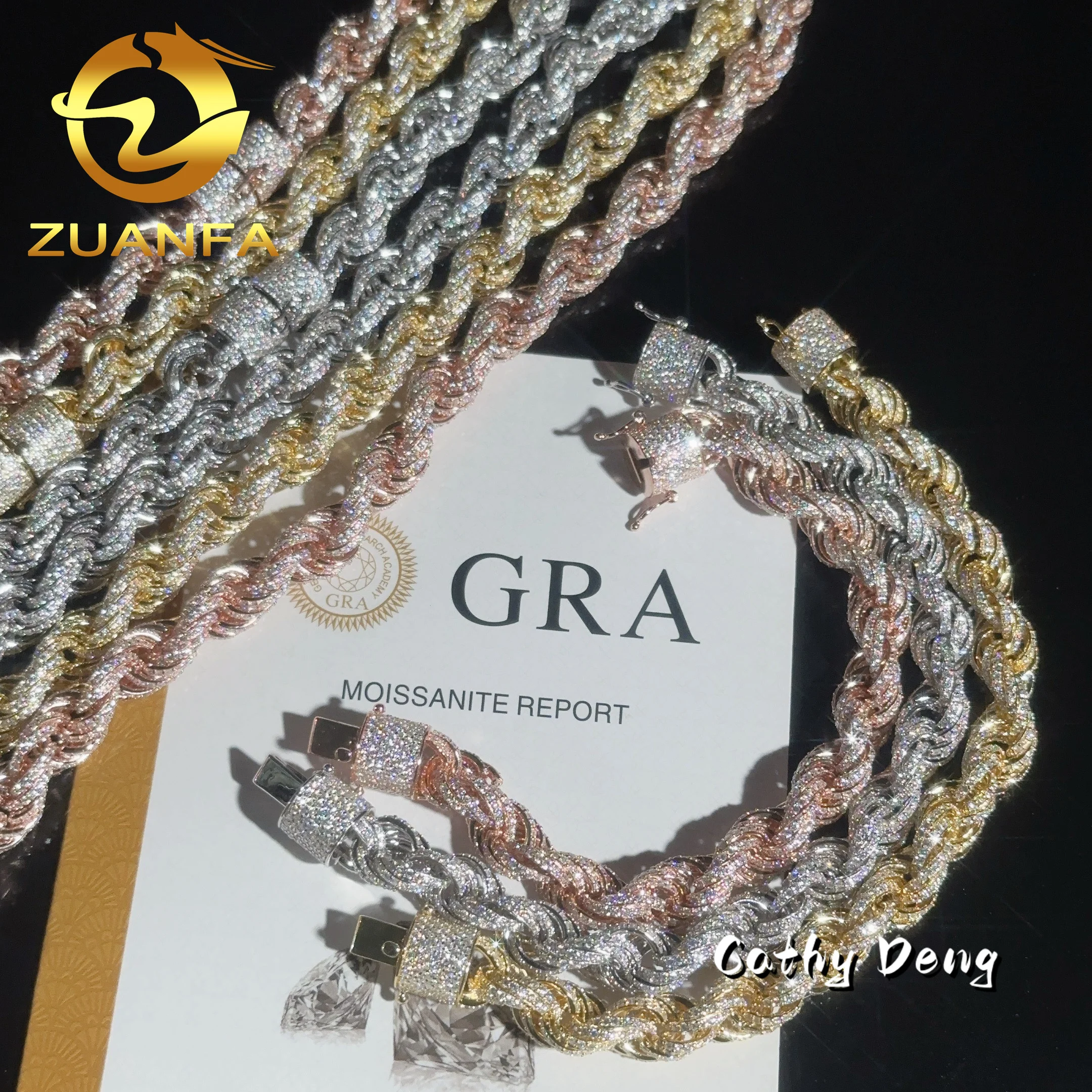 10MM 3 Color Twist Silver Rope Chain Fully Iced out Moissanite Diamond Link Bracelet Hip hop Jewelry Men Necklace Chain