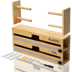 2 in 1 Kitchen Bamboo Wood Tin Foil Wax Paper and Plastic Saran Cling Wrap Organizer Dispenser Holder with Cutter for Drawer