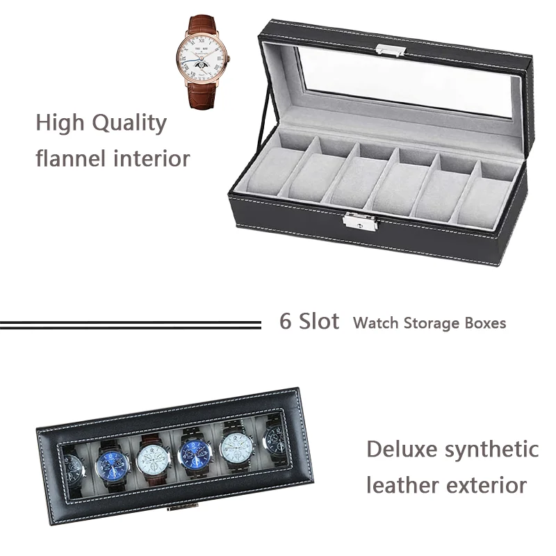 
Hot sale Fashion 6 Slot Soft Pillows watch jewelry box Storage Lockable Leather Glass Lid Watch Box Organizer 