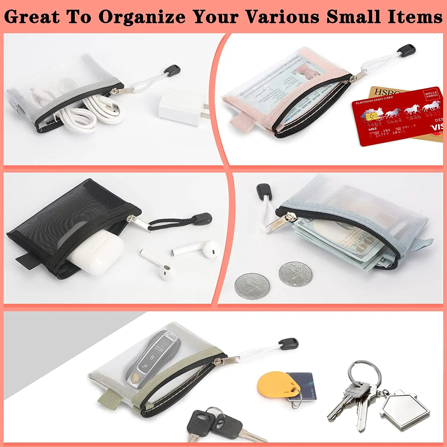Portable Travel Makeup Cosmetic Mesh Bag Mini Nylon Mesh Zipper Bag For Lipstick, Earphone, Credit Card, Id Card
